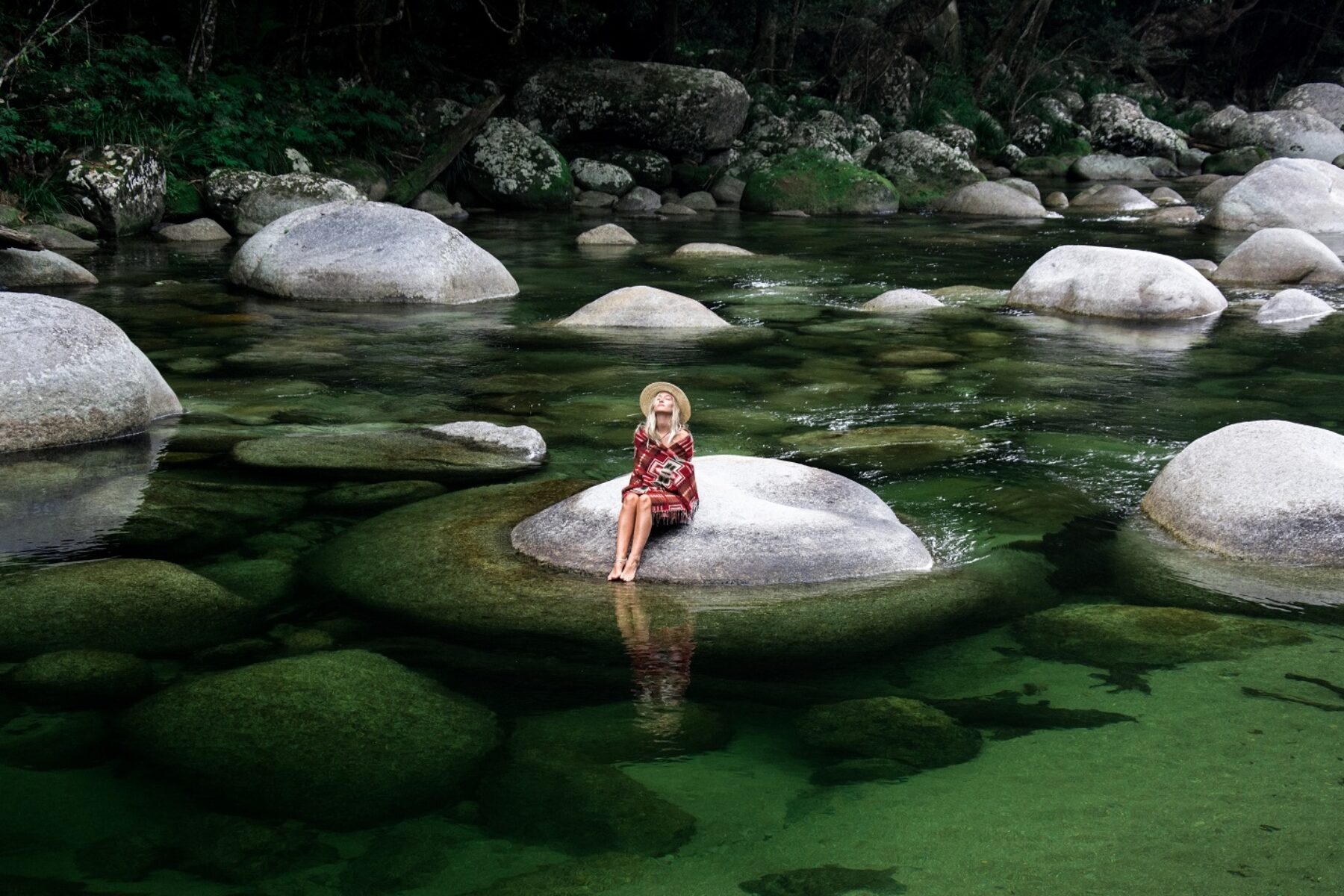 port-douglas-daintree-mossman-gorge-girl-on-boulder-silky-oaks-billabong